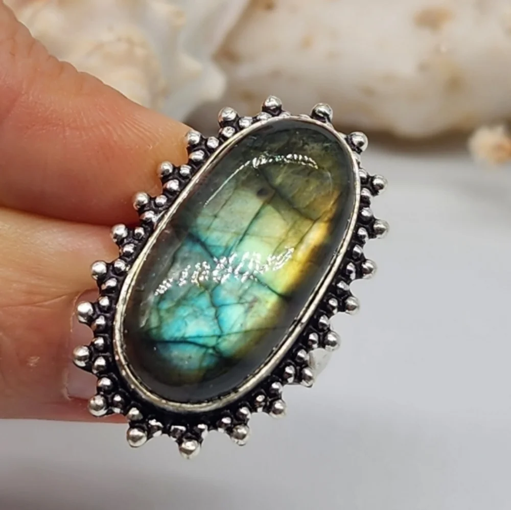 Boho Silver Ring Impressive Large Natural Labradorite Stone 925 Silver